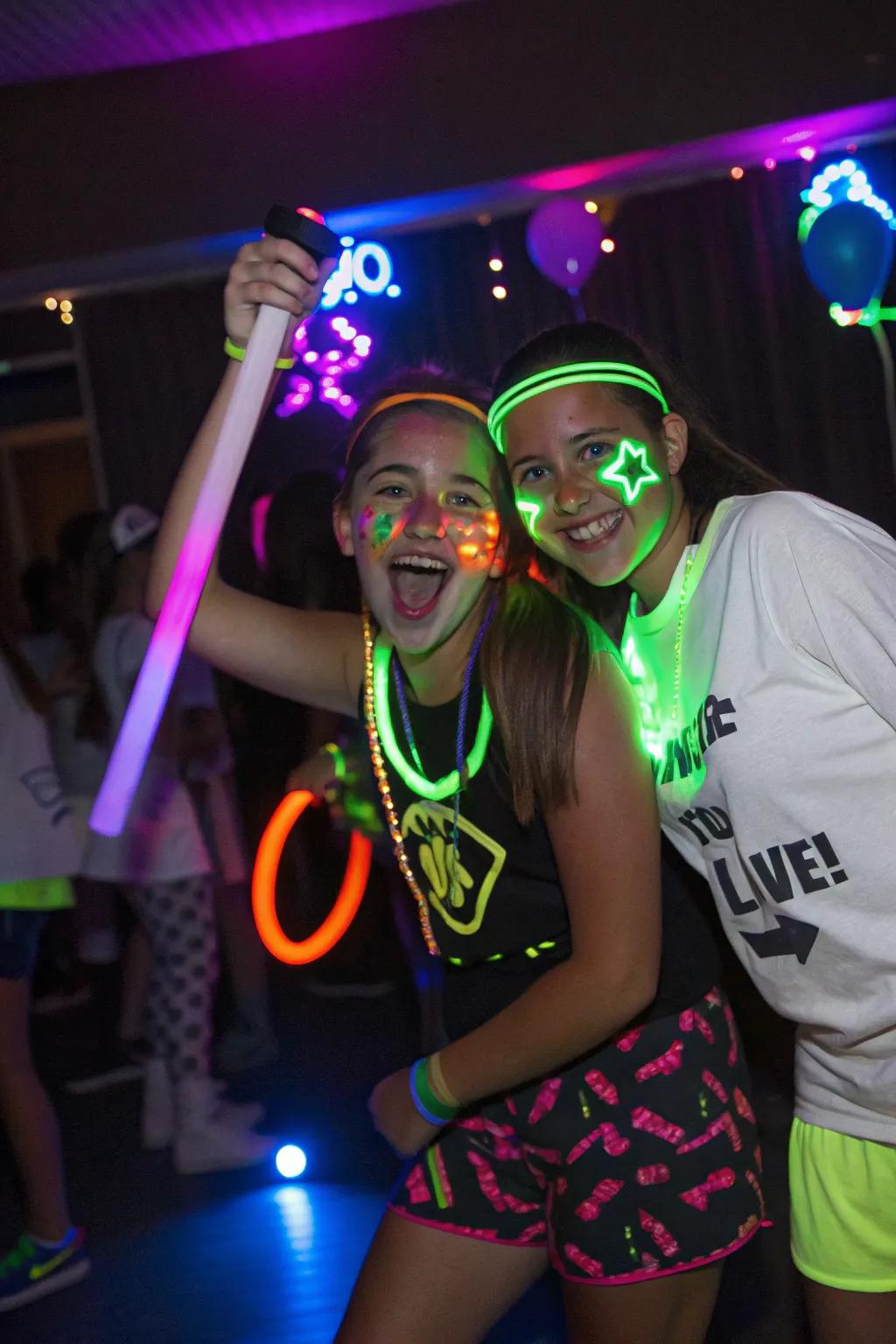 Teenagers luxuriating at a luminous soiree, embellished with dynamic neon lighting.