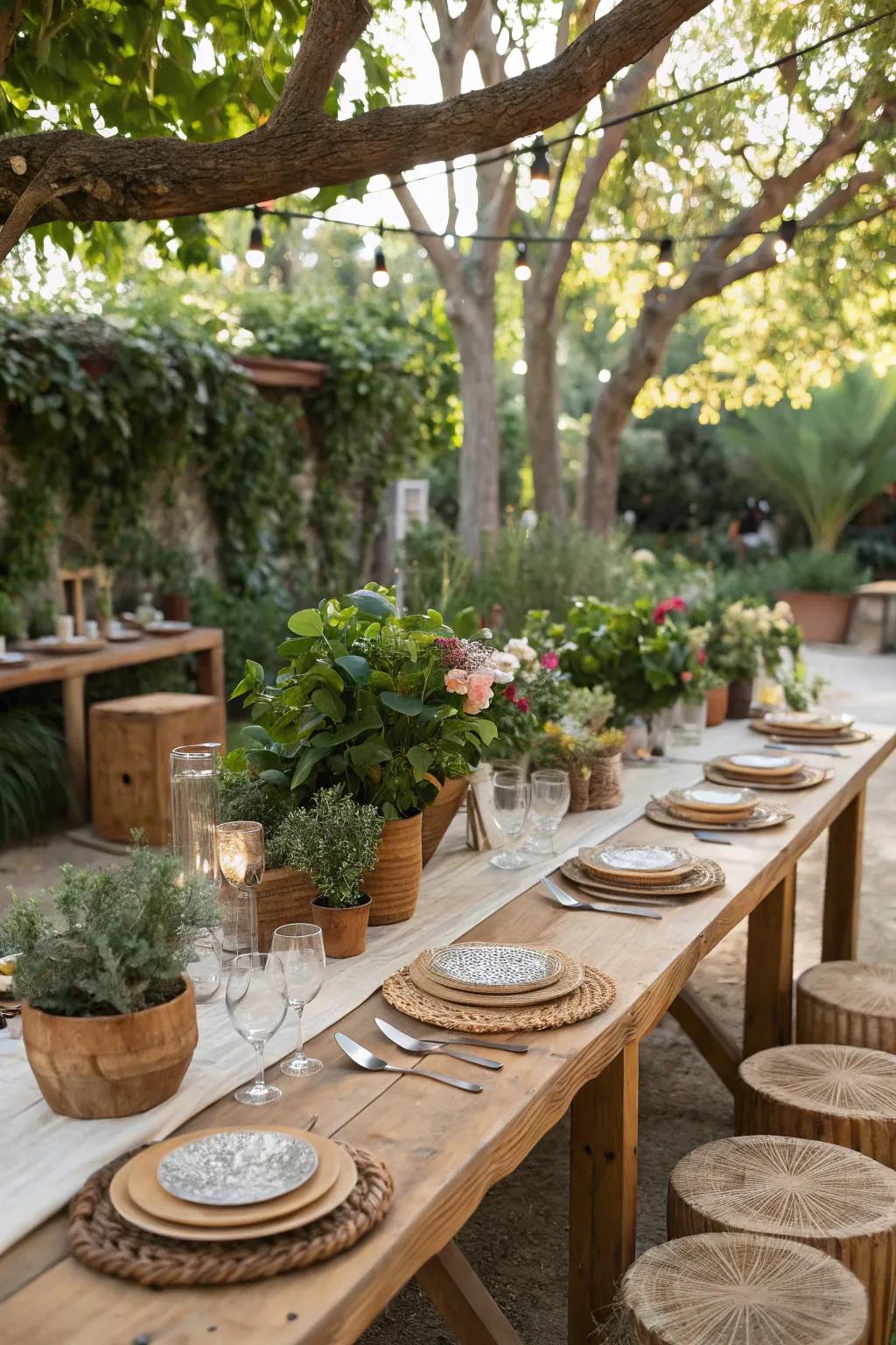 An enticing outdoor party table arrangement using natural components