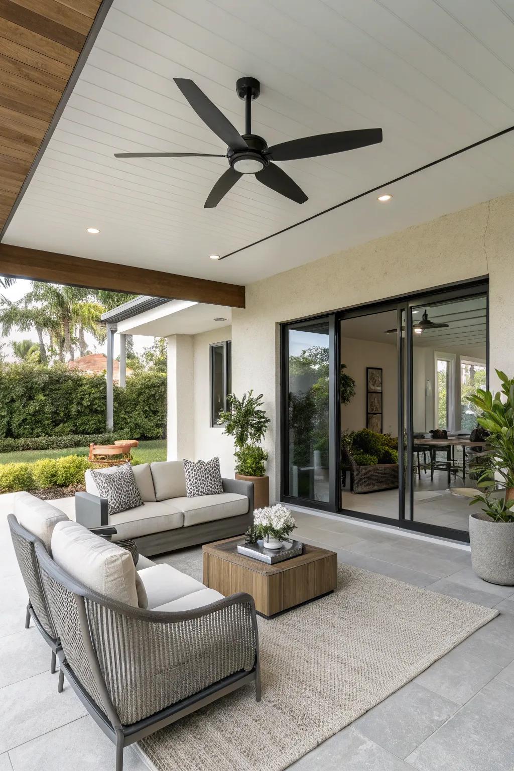 A contemporary patio design featuring a sleek, minimalist ceiling fan.