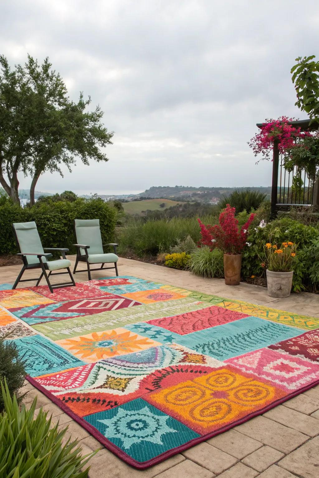 A vibrant outdoor rug enlivening a modest patio lounge.