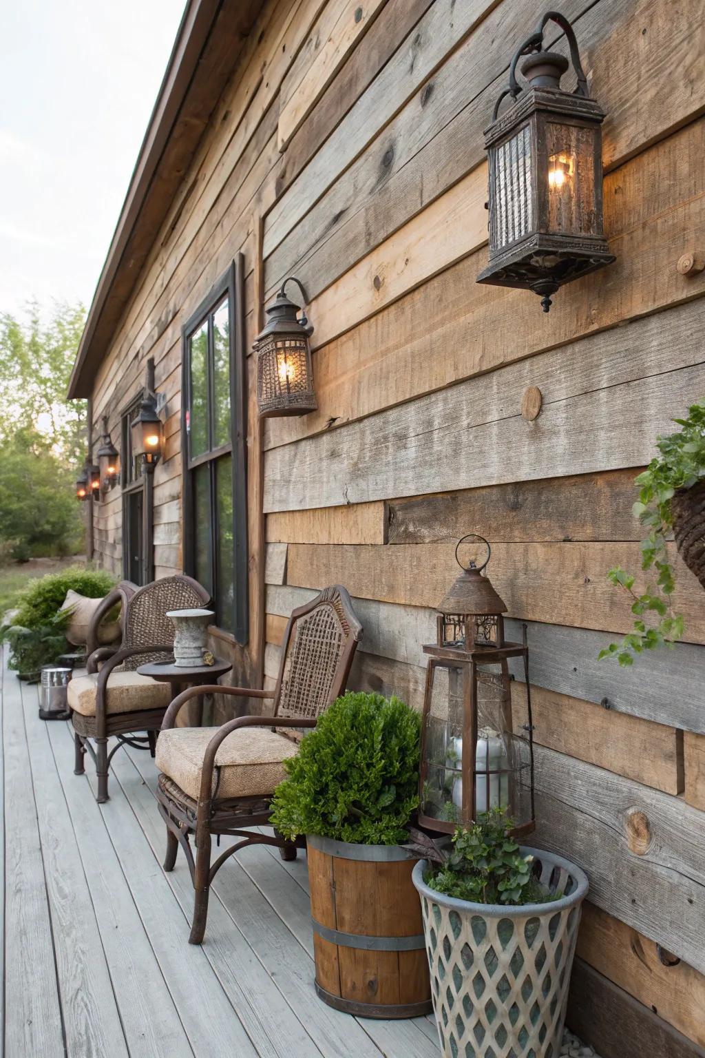 A rustic patio wall created out of barn wood that's been reclaimed.