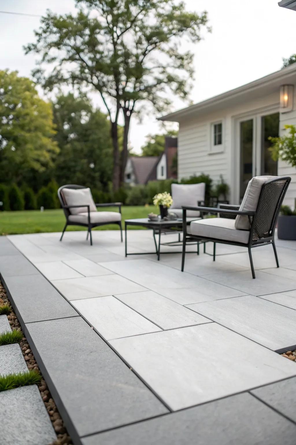 A modern, minimalist paver patio featuring broad, polished pavers and elegant outdoor furnishings.