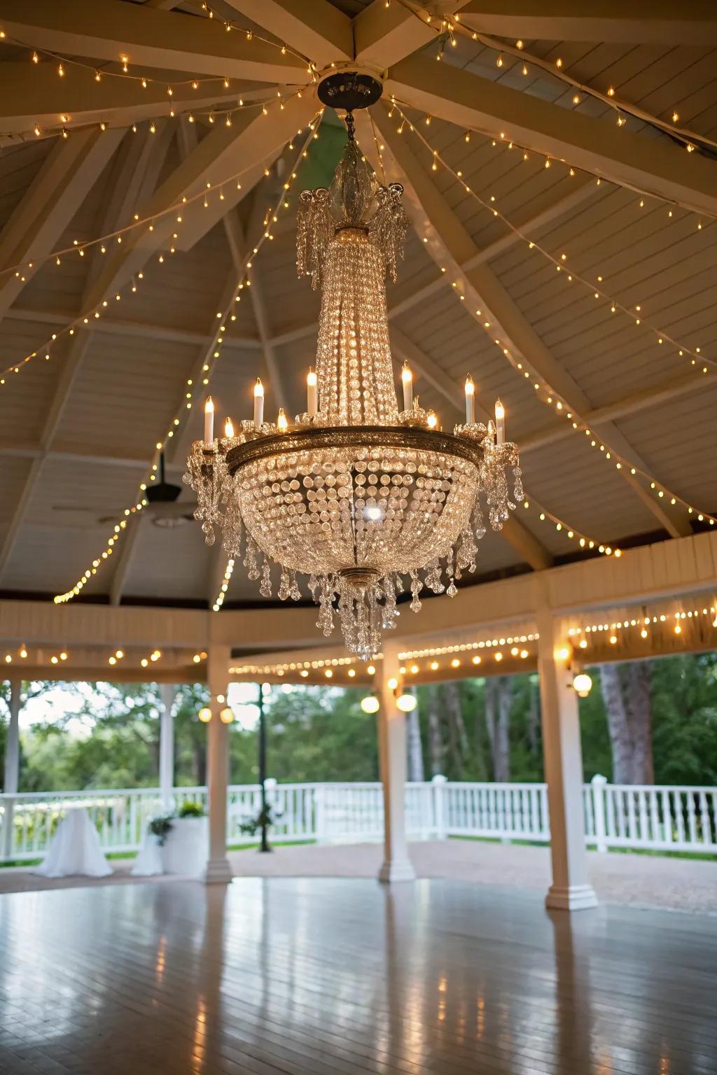 A chandelier lends an element of sparkle and refinement to the pavilion.