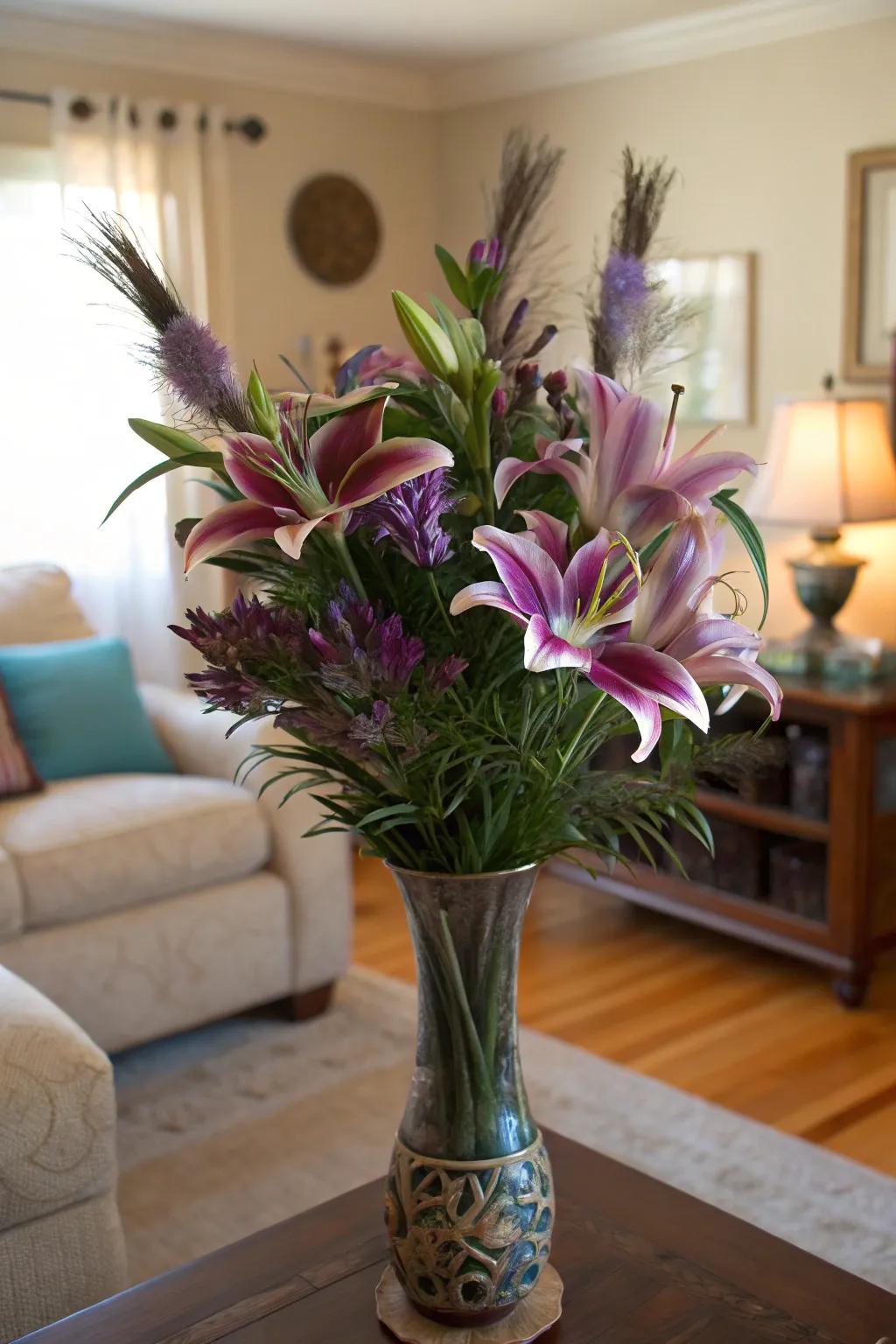 A breathtaking fusion of blossoms and plumes for an energetic centerpiece.