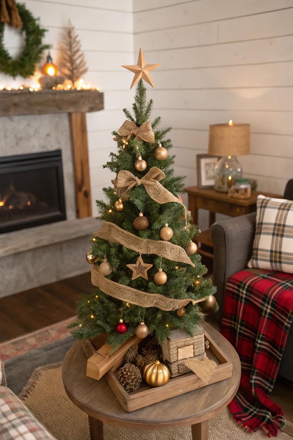 Rustic charm with burlap and wooden decorations on a pencil tree.