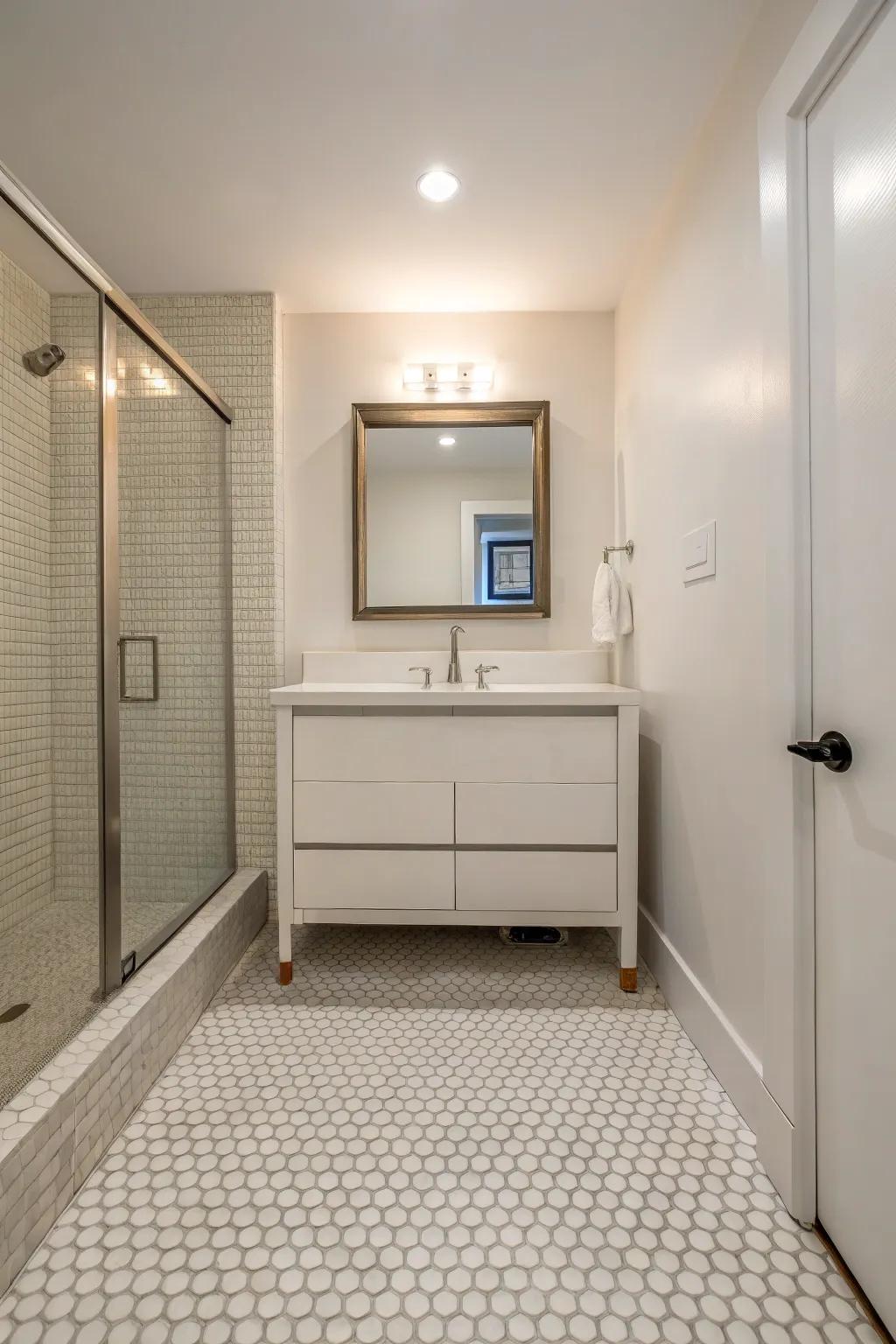 Classic white penny tiles create a bright and airy feel.