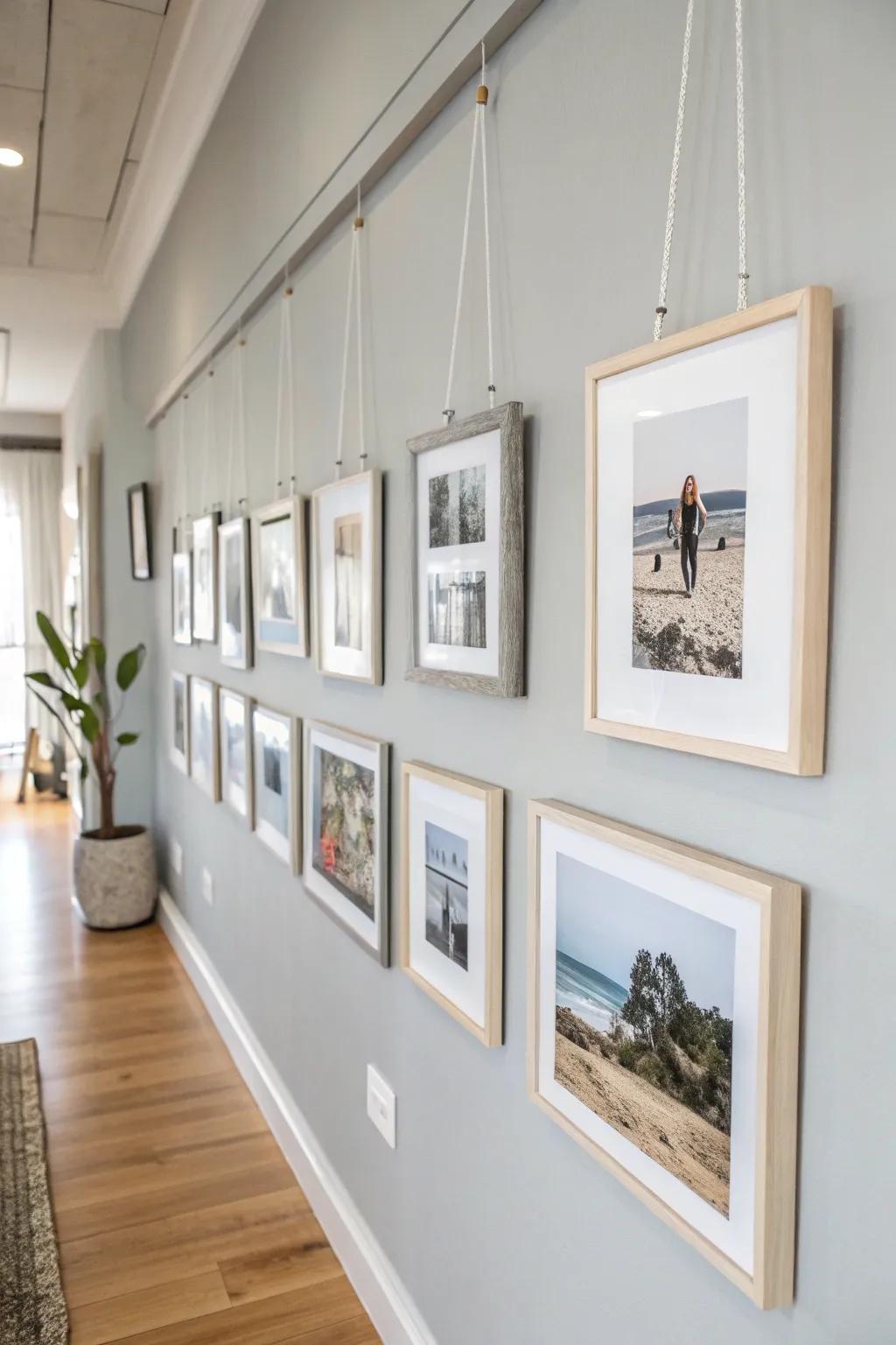 Floating frames bring a modern and sophisticated feel to this photo wall.
