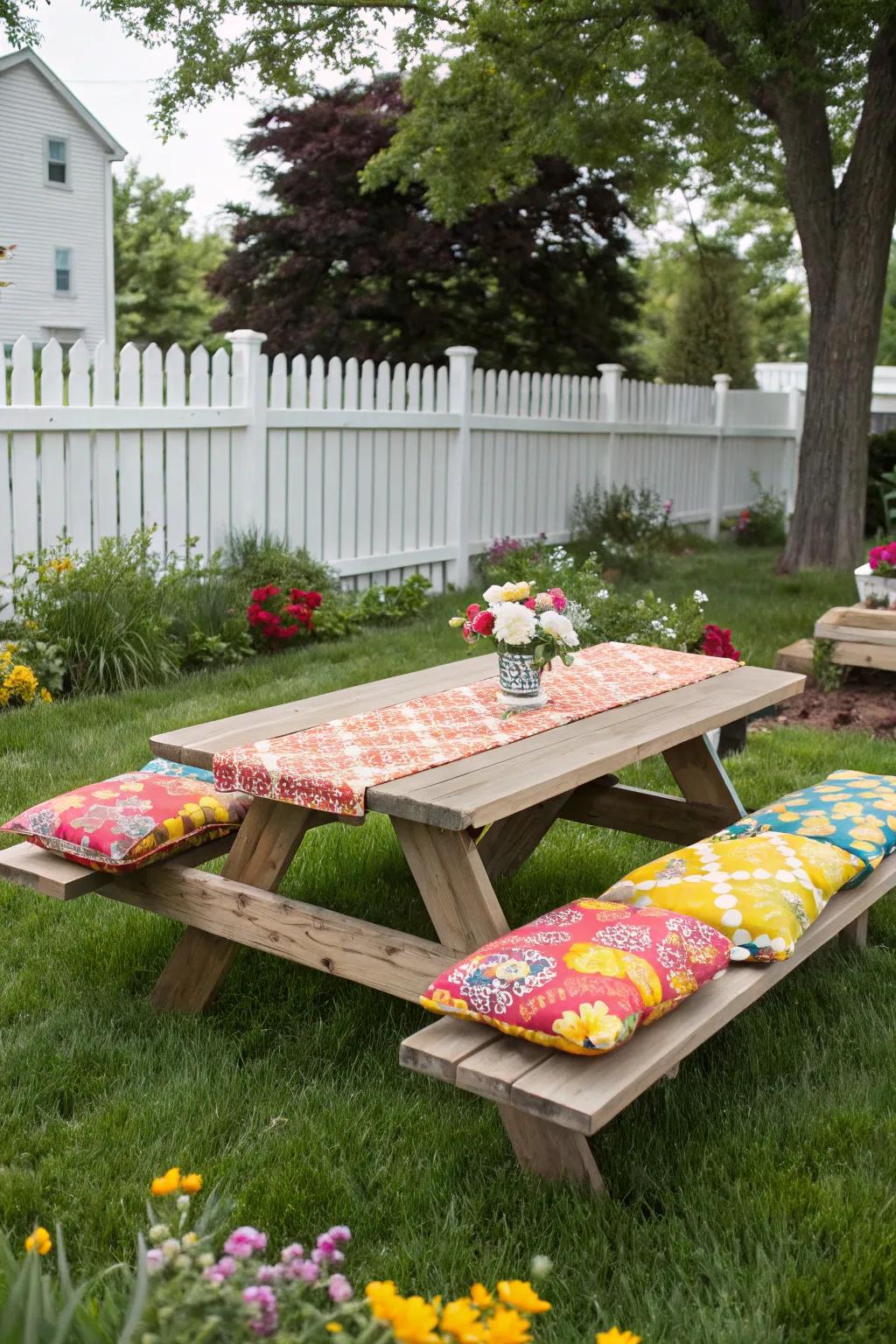 Colorful cushions provide comfort and style to this picnic table setup.
