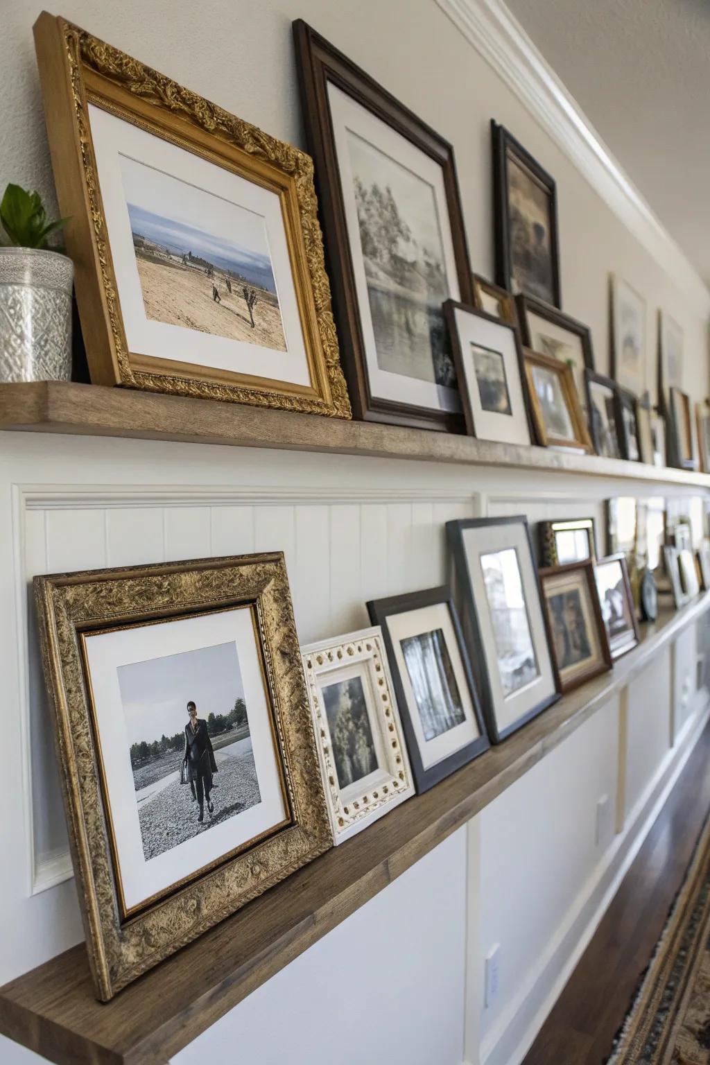 A fusion of frame designs on a picture ledge cultivates a flexible visual.