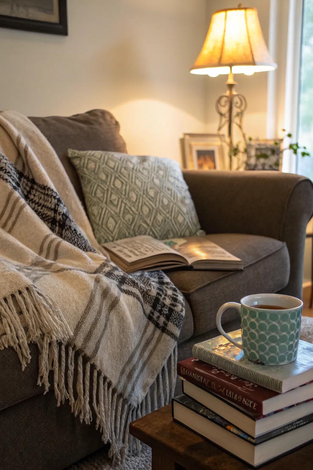 A comfortable corner of a couch featuring a couch cover draped over the seating area.