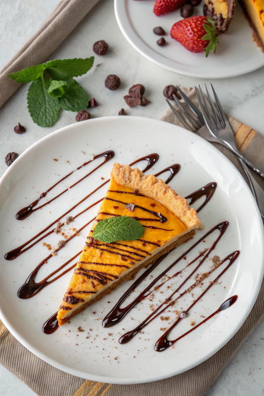 A slice of pie adorned with an artistic chocolate drizzle.