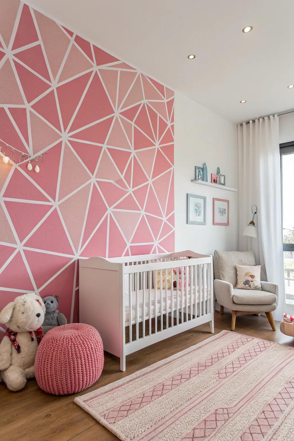 A stylish nursery with a geometric pink accent wall that sparks interest.