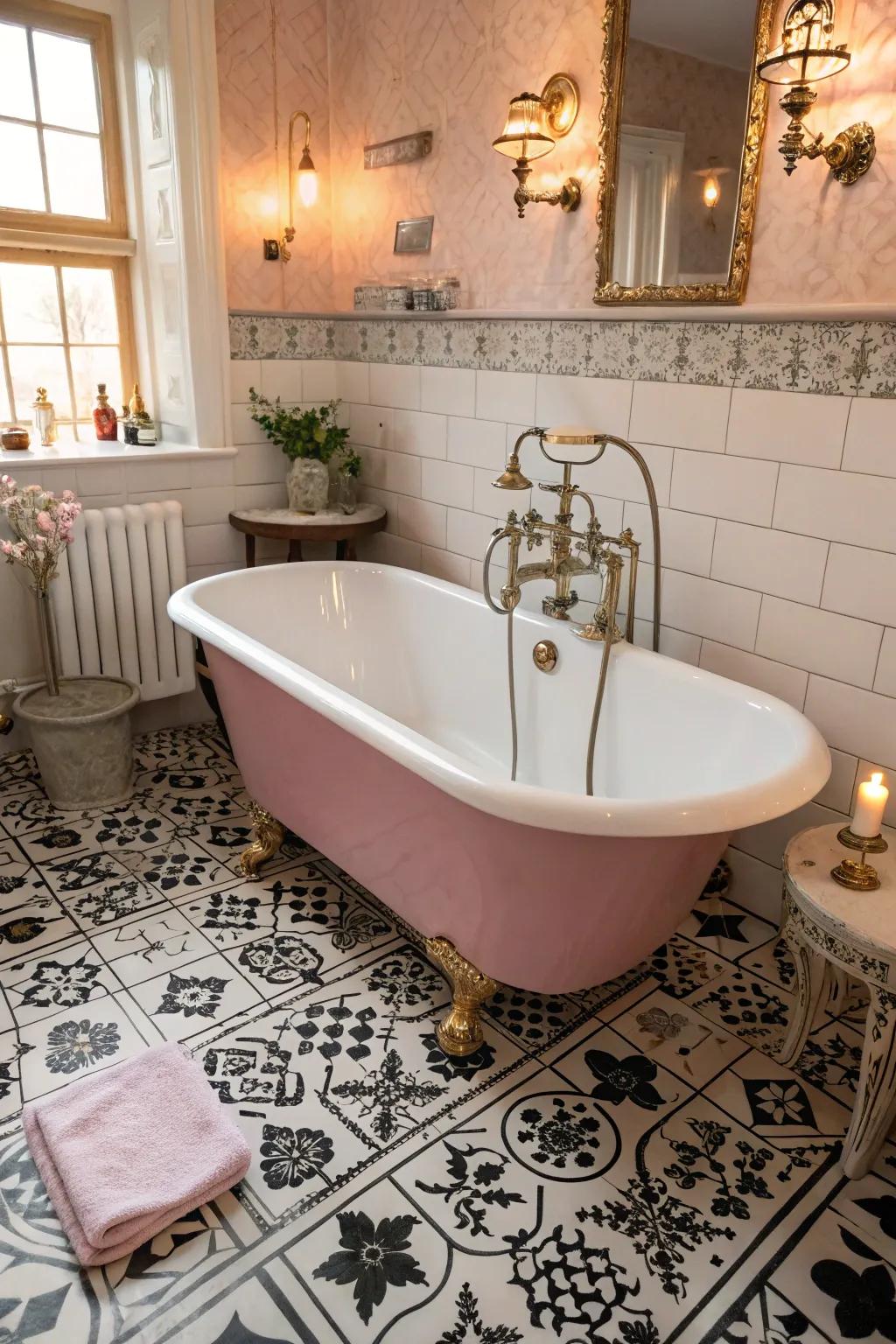 A rose free-standing tub radiates classic charm.