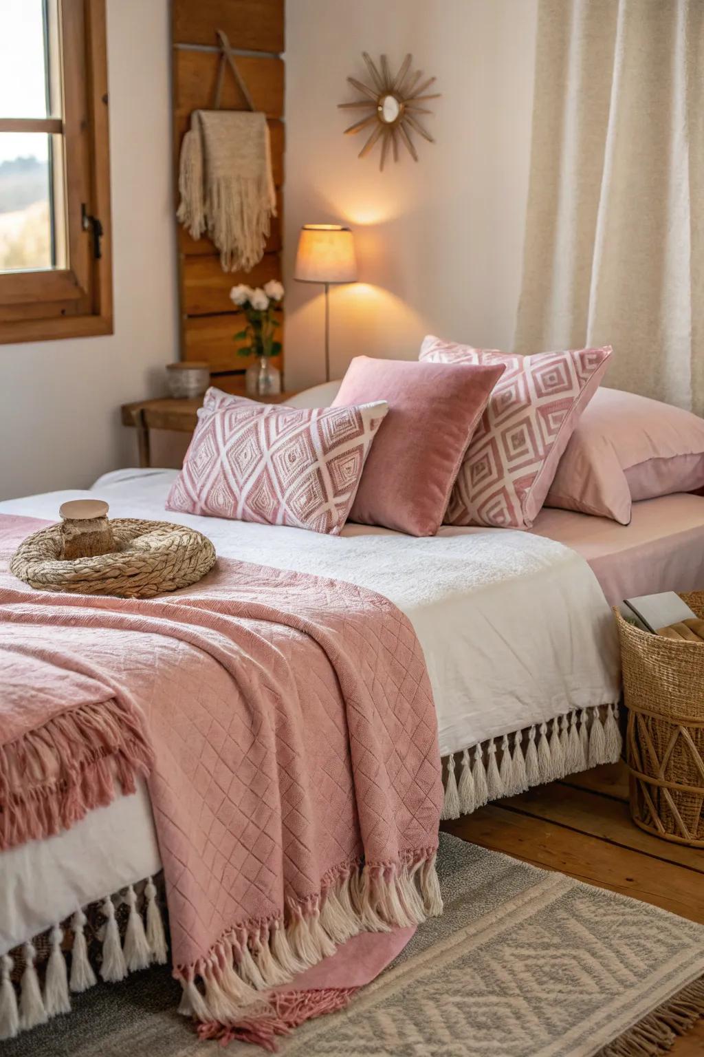 Soft rose textiles introduce both warmth and tactile appeal to this welcoming bedroom.