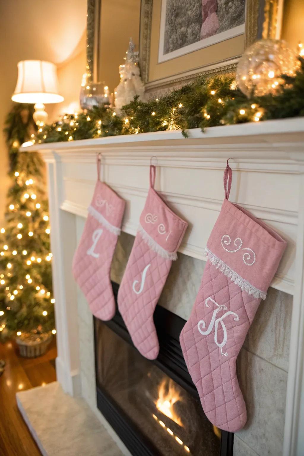 Personalized pink stockings, bringing festive charm to the fireplace.