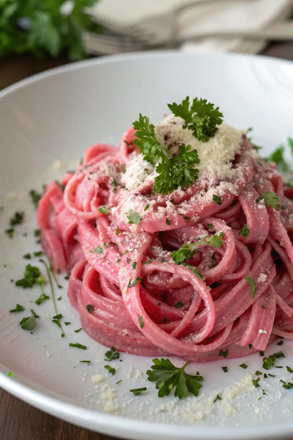 Rosy pasta carbonara is a playful and vibrant interpretation of a classic favorite.