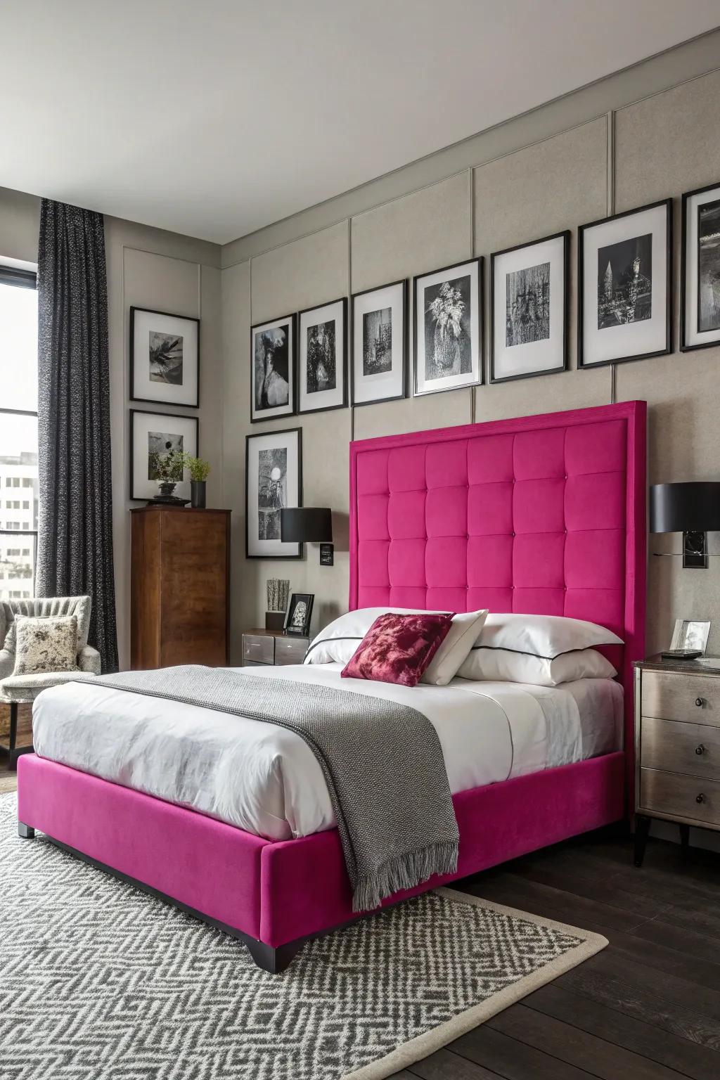 A vibrant and bold bedroom with a hot pink headboard as the main attraction.