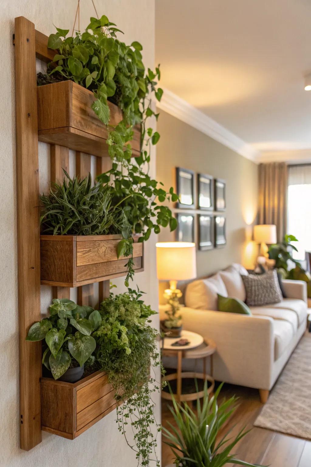 Enhance elegance with wall-mounted planters brimming with verdant foliage.