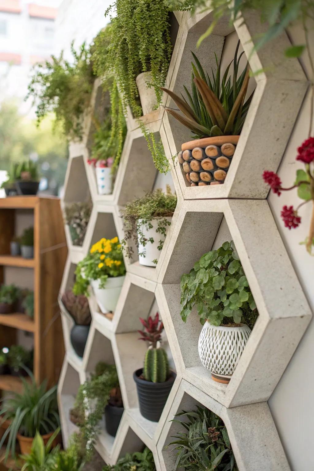 Geometric finesse with six-sided plant shelves.