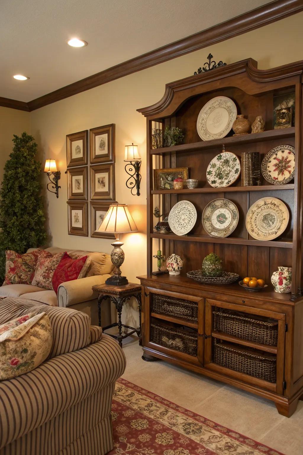 An adaptable living area boasting ornamental ledges and plate rails
