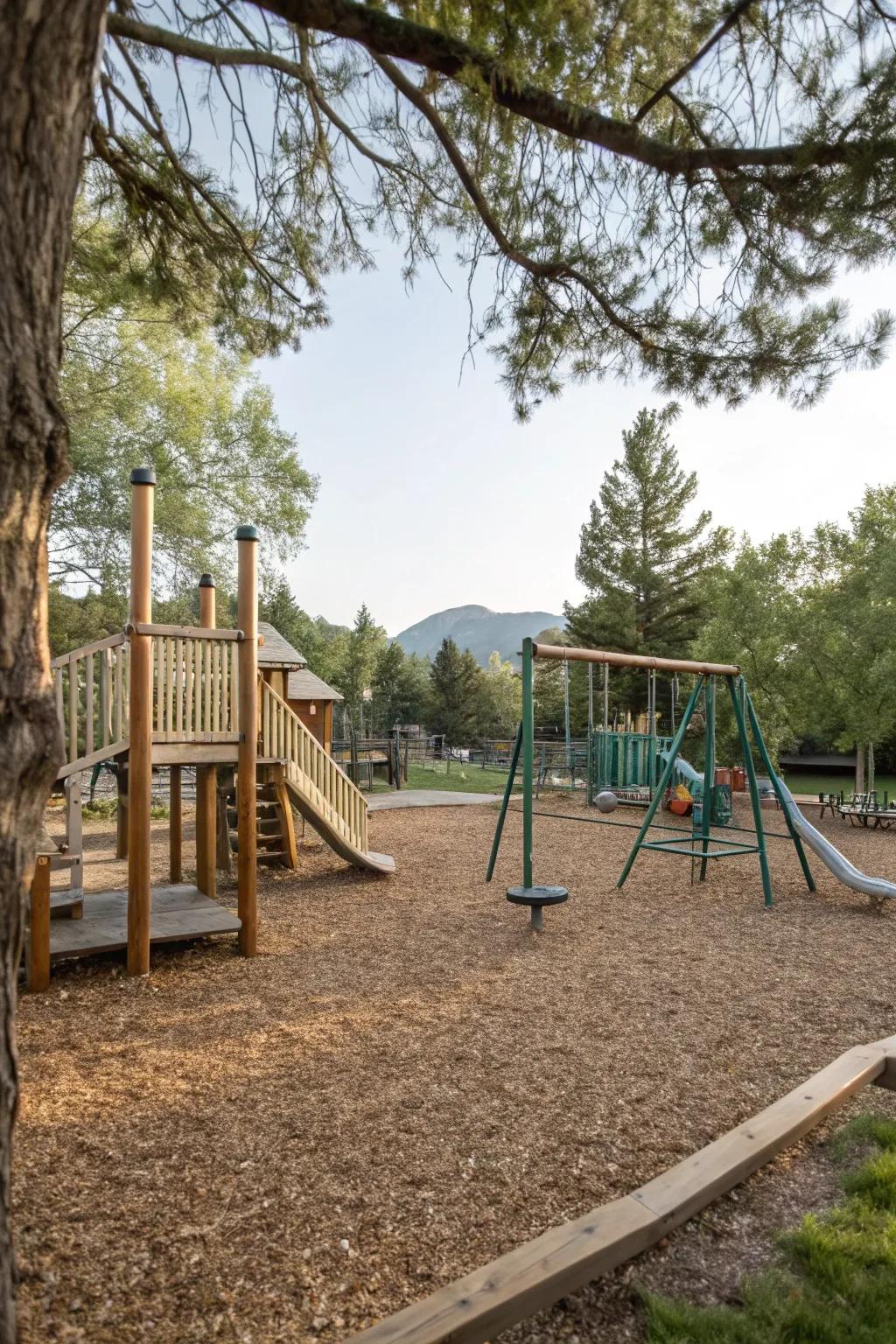Wood pieces ensure the playground looks natural and is a safe space for the kids.