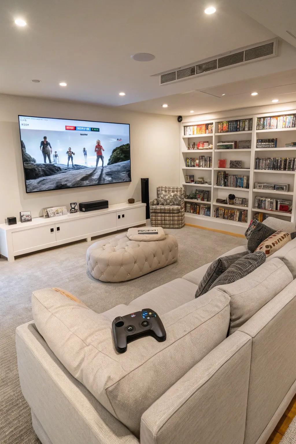 A playroom featuring a large display perfect for memorable gaming and movie sessions.