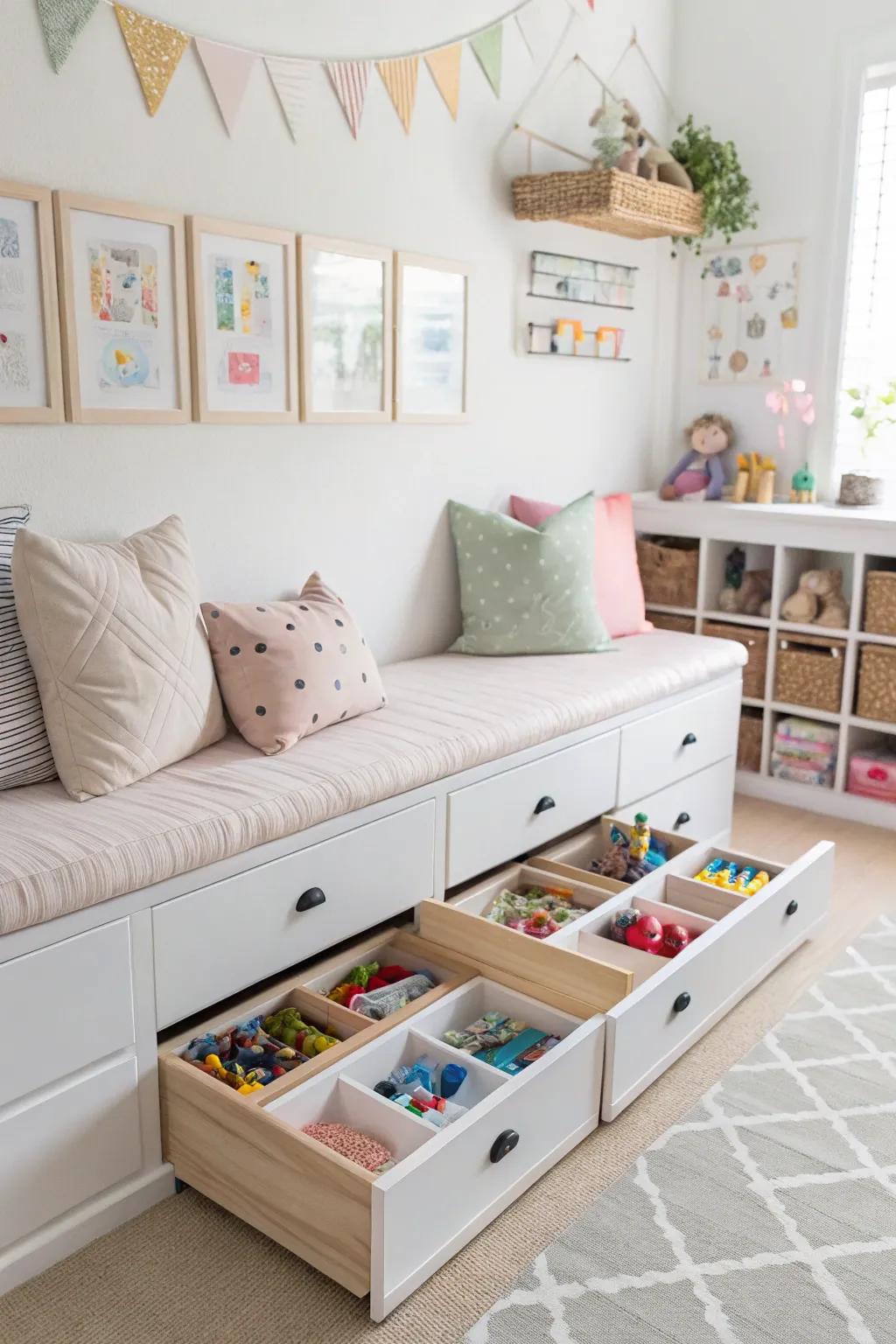 A playroom showcasing a storage bench that maintains neatly tucked-away toys.