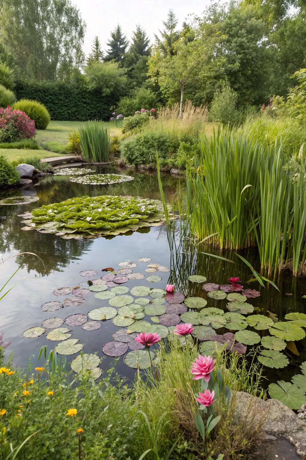 A backyard pond vibrant with water lilies and reeds.