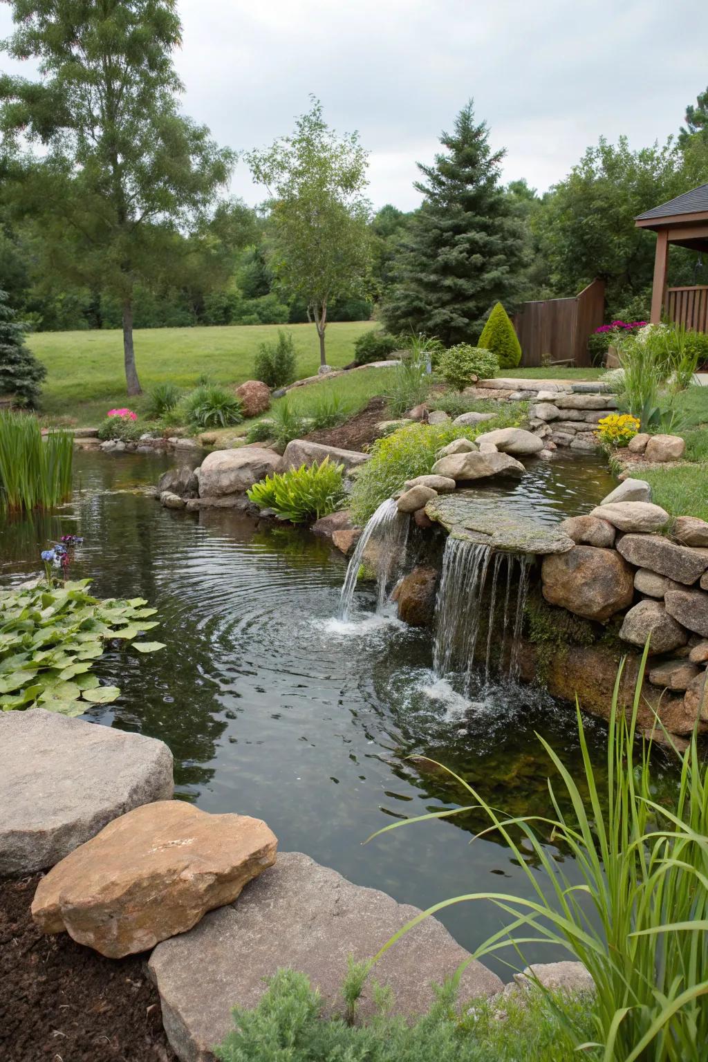 A pond enhanced by a delightful cascading water feature.