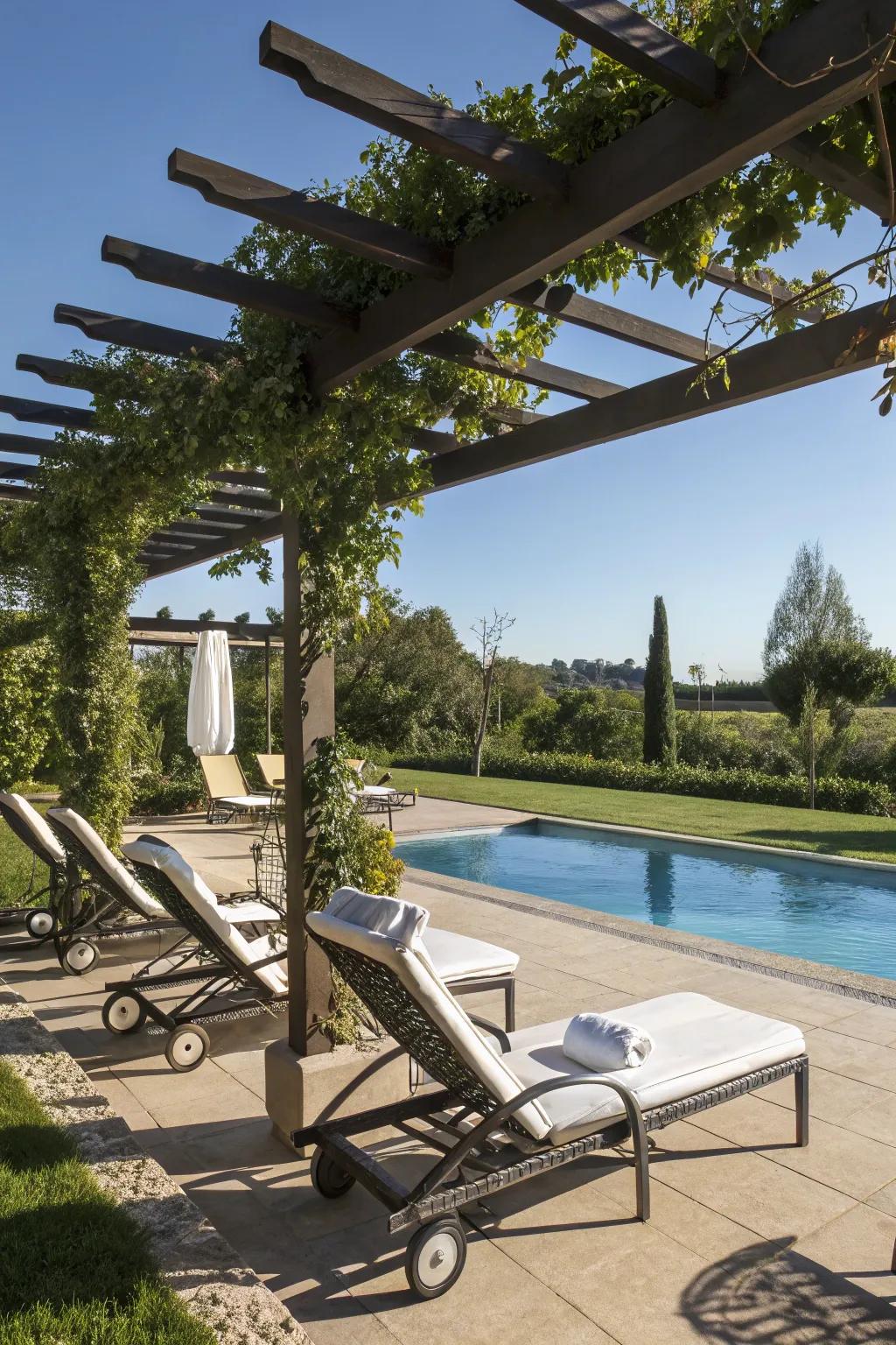Elegant shade options with a trellis covering the lounge area.