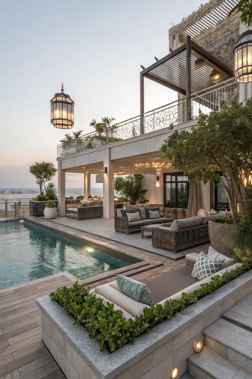 Multi-level decks add a dynamic aspect to poolside scenery.