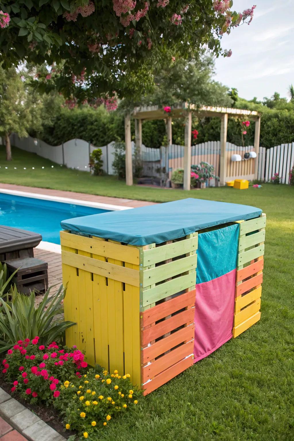 A creative pallet cover adds a cheerful pop of color to the yard.