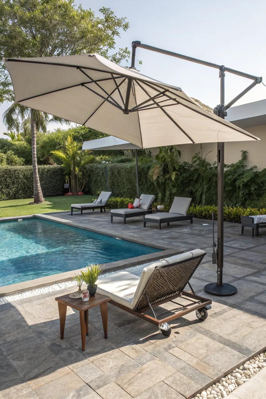 Parasols and canopies provide crucial shade, maximizing comfort by the pool.