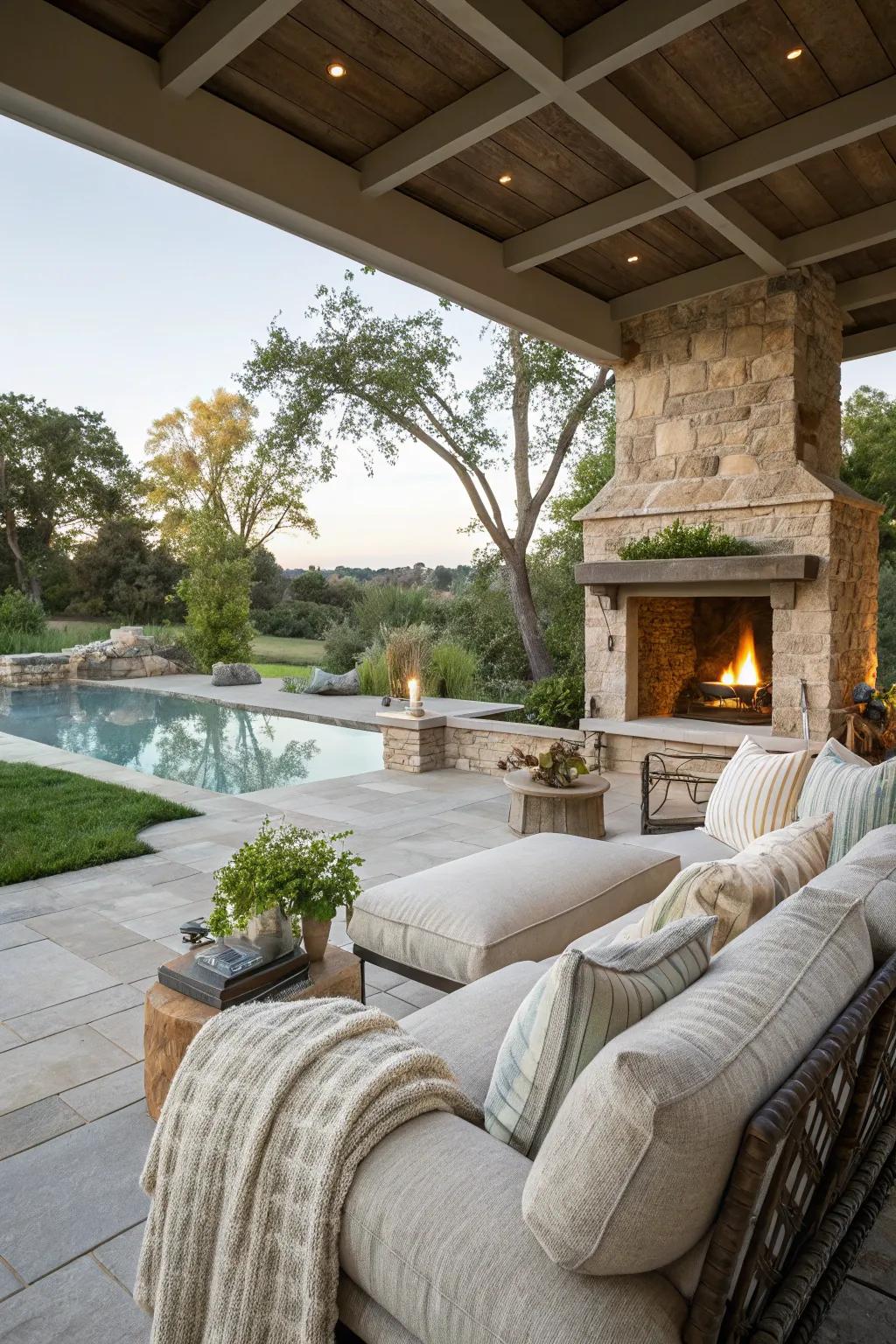 An inviting outdoor living space featuring plush seating and a cozy fireplace.