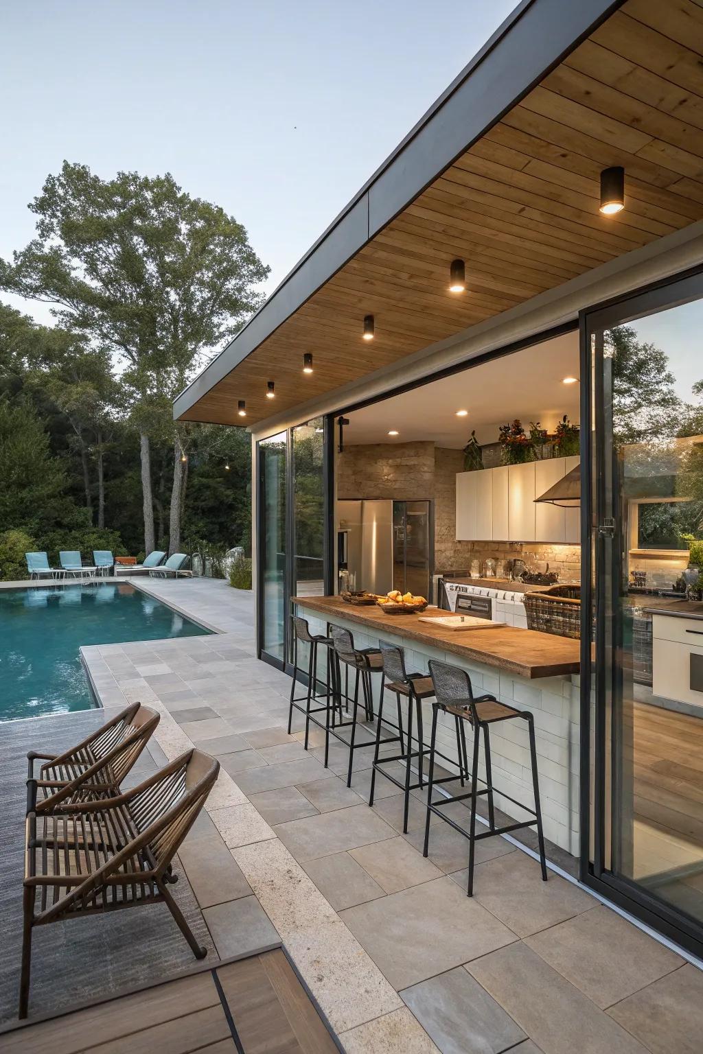 Outdoor chairs contribute a social touch to the poolside cooking space.
