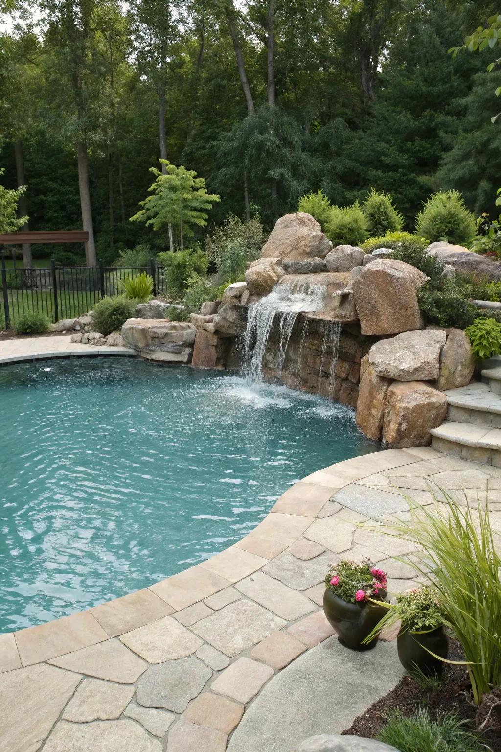 A backyard pool with a serene waterfall feature.