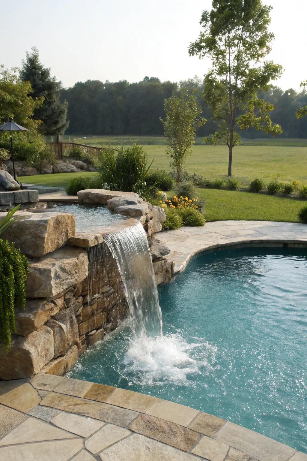 A pool boasting a striking cascading fall element.
