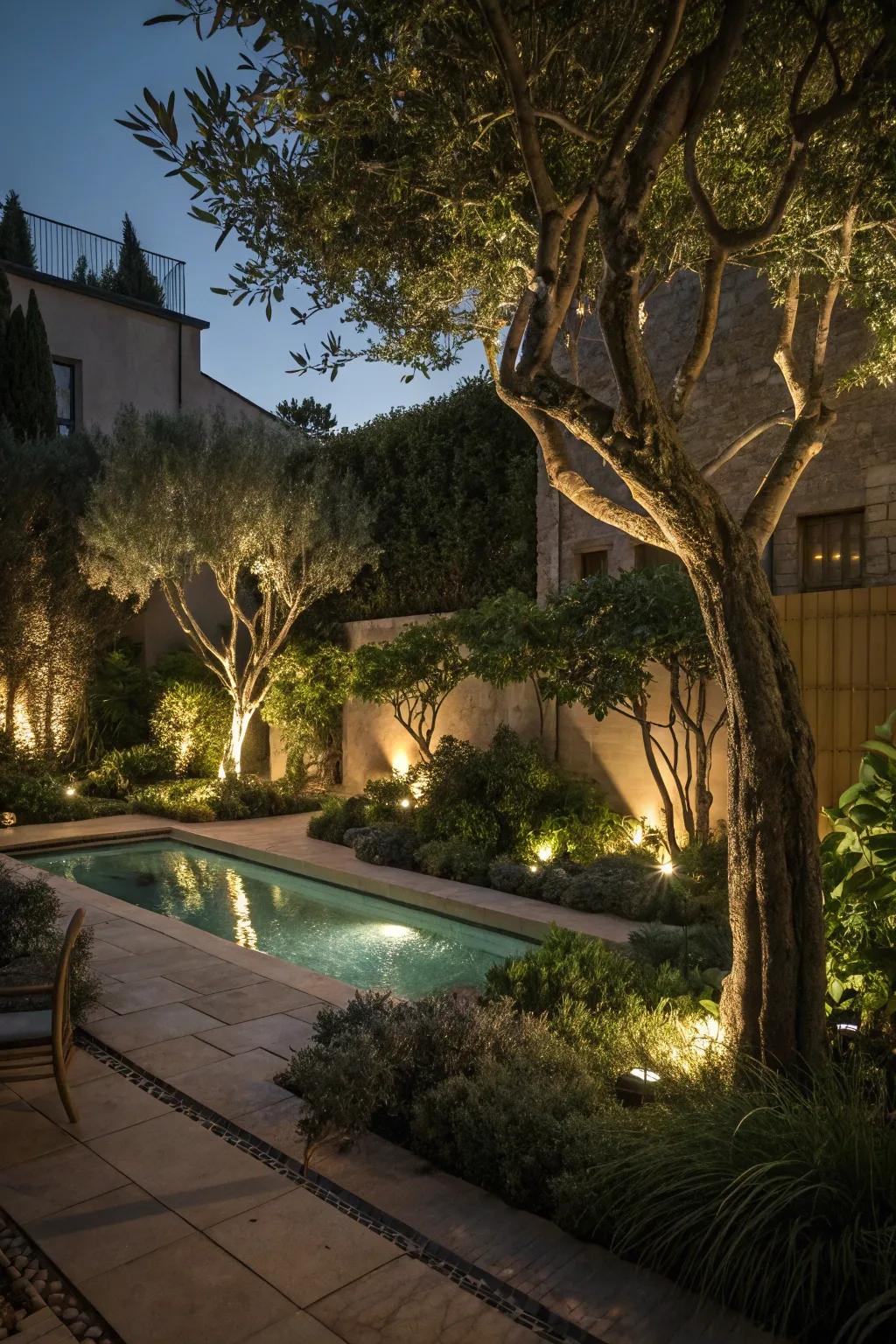 Uplighting trees creates a dramatic nighttime landscape.