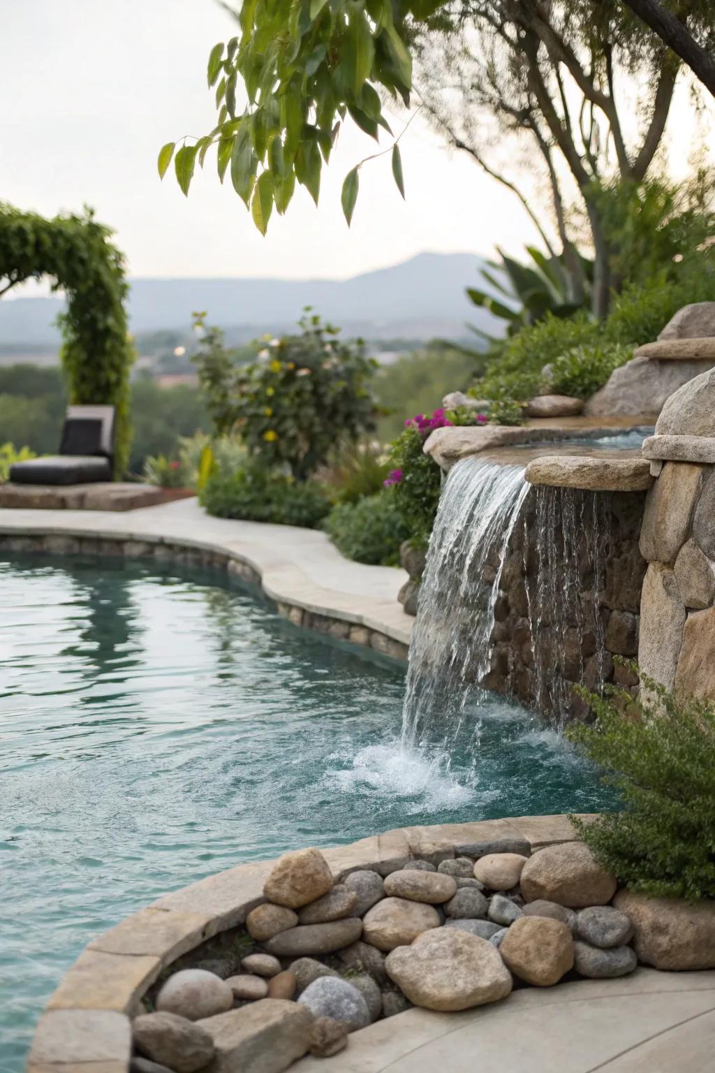 Aquatic features contribute a soothing and refined touch to pool zones.