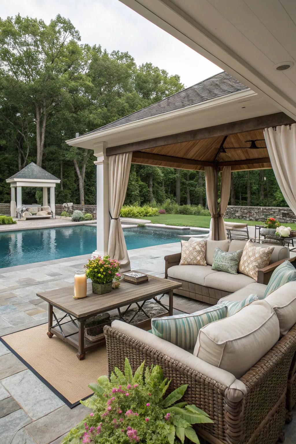 Turn your poolside into an inviting outdoor living room for relaxation and entertainment.