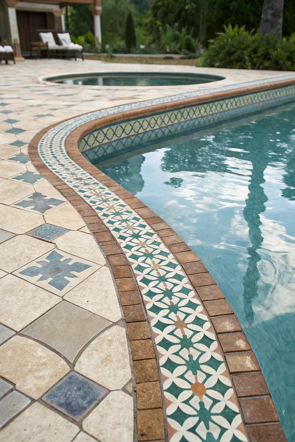 Eye-catching tiles at the waterline create a standout feature in this pool.