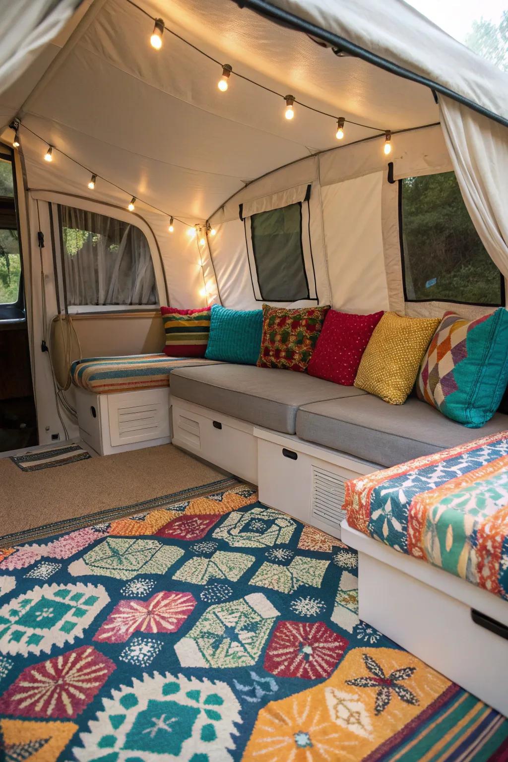 Decorative elements like cushions and rugs add a personal touch to your camper.