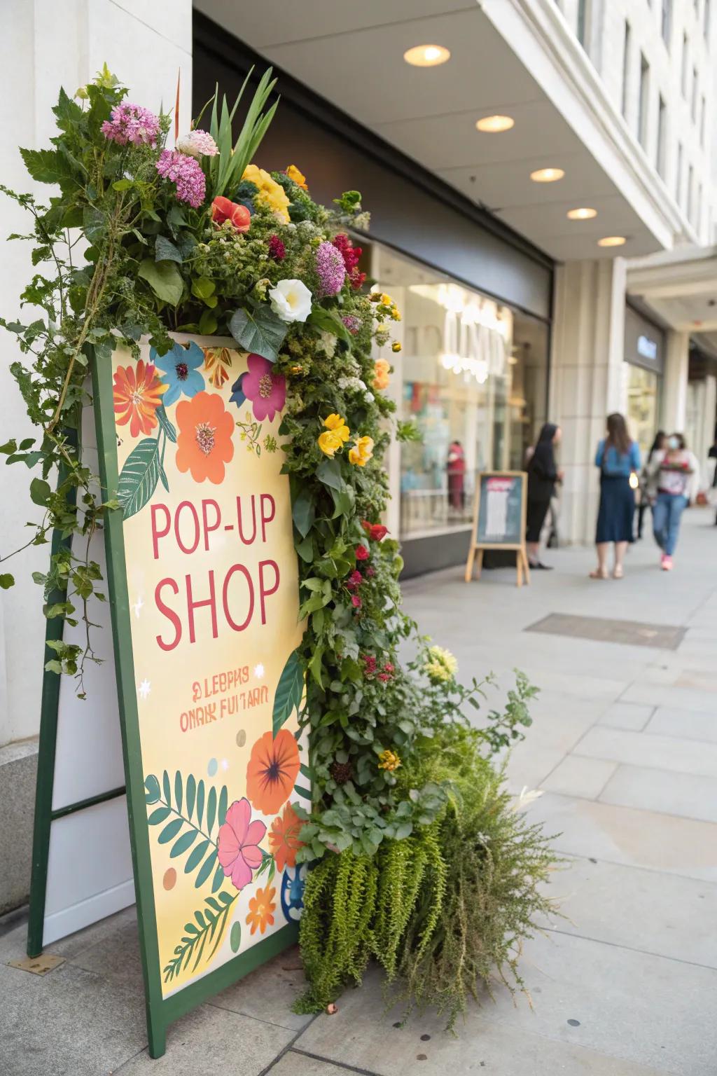 A temporary shop sign improved by fresh botanical highlights, creating a welcoming mood.