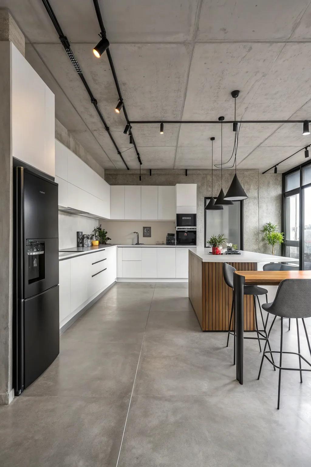Concrete floors deliver a smooth and contemporary base for modern cooking area designs.