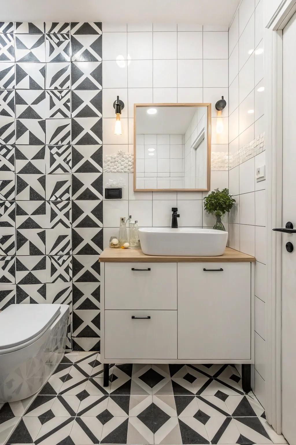 Geometric pattern tiles transform this bathroom floor into a striking visual statement.