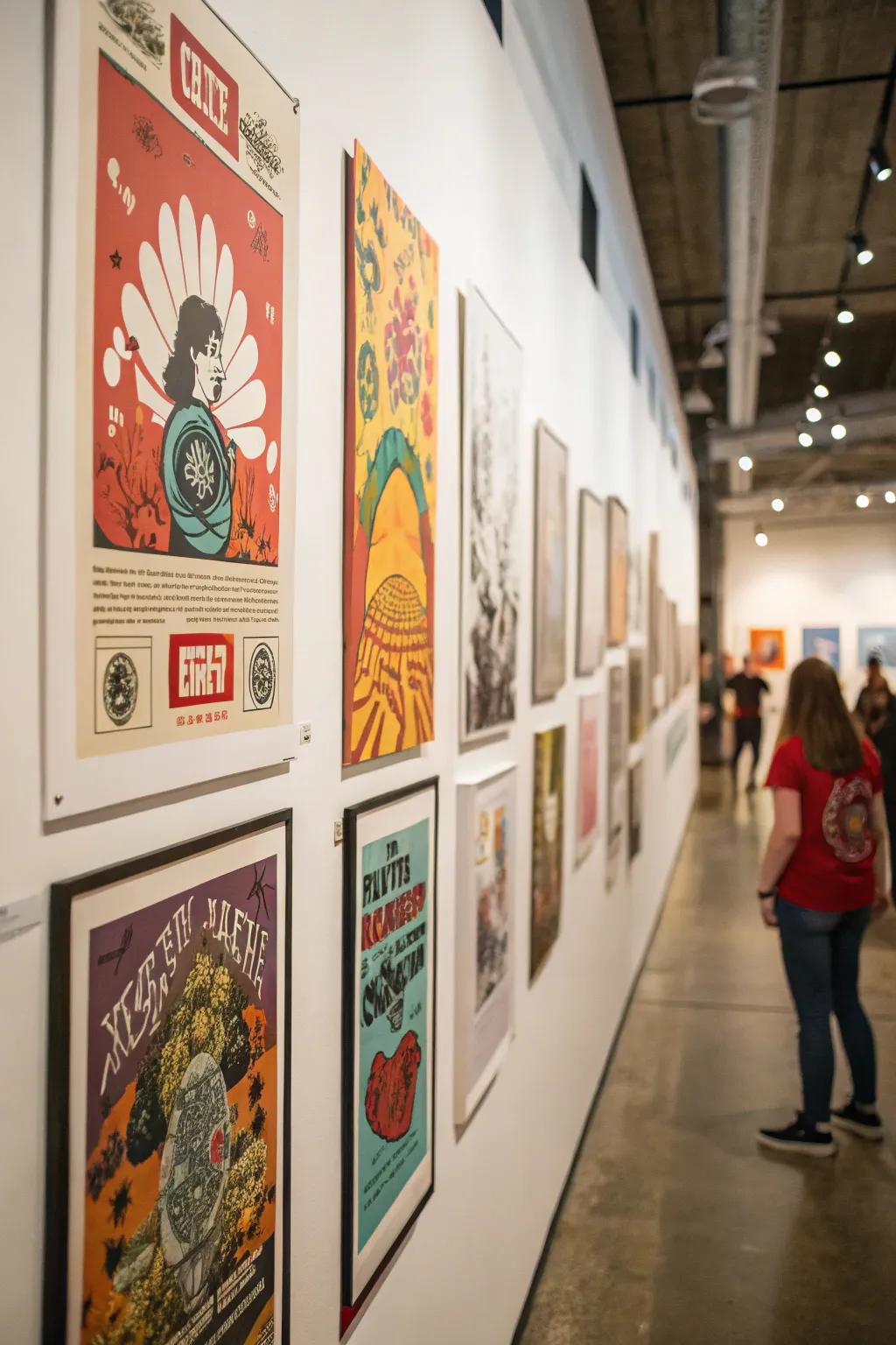 A gallery wall featuring a mix of different posters.