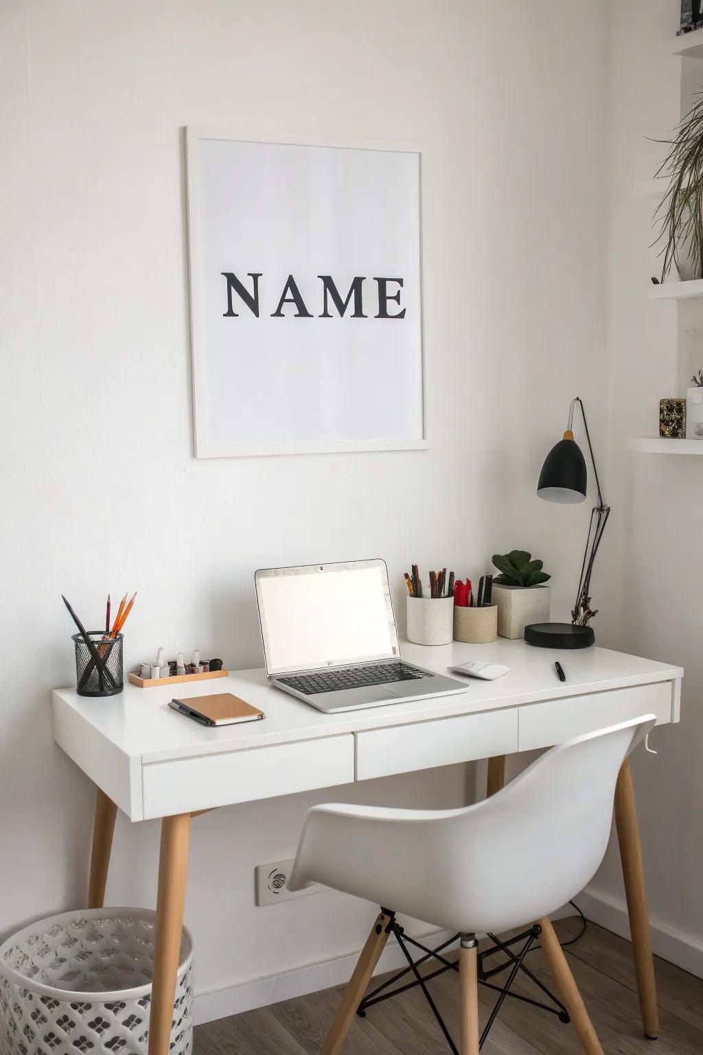 A refined grayscale name poster uplifting a minimalist workspace.