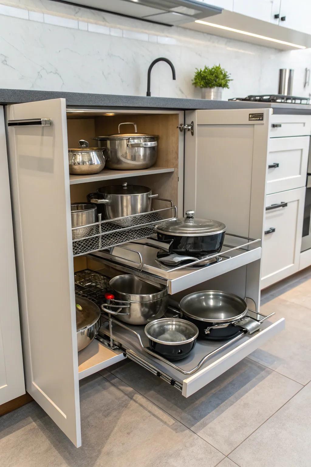 Slide-out shelves transform accessing pots and pans into a breeze.