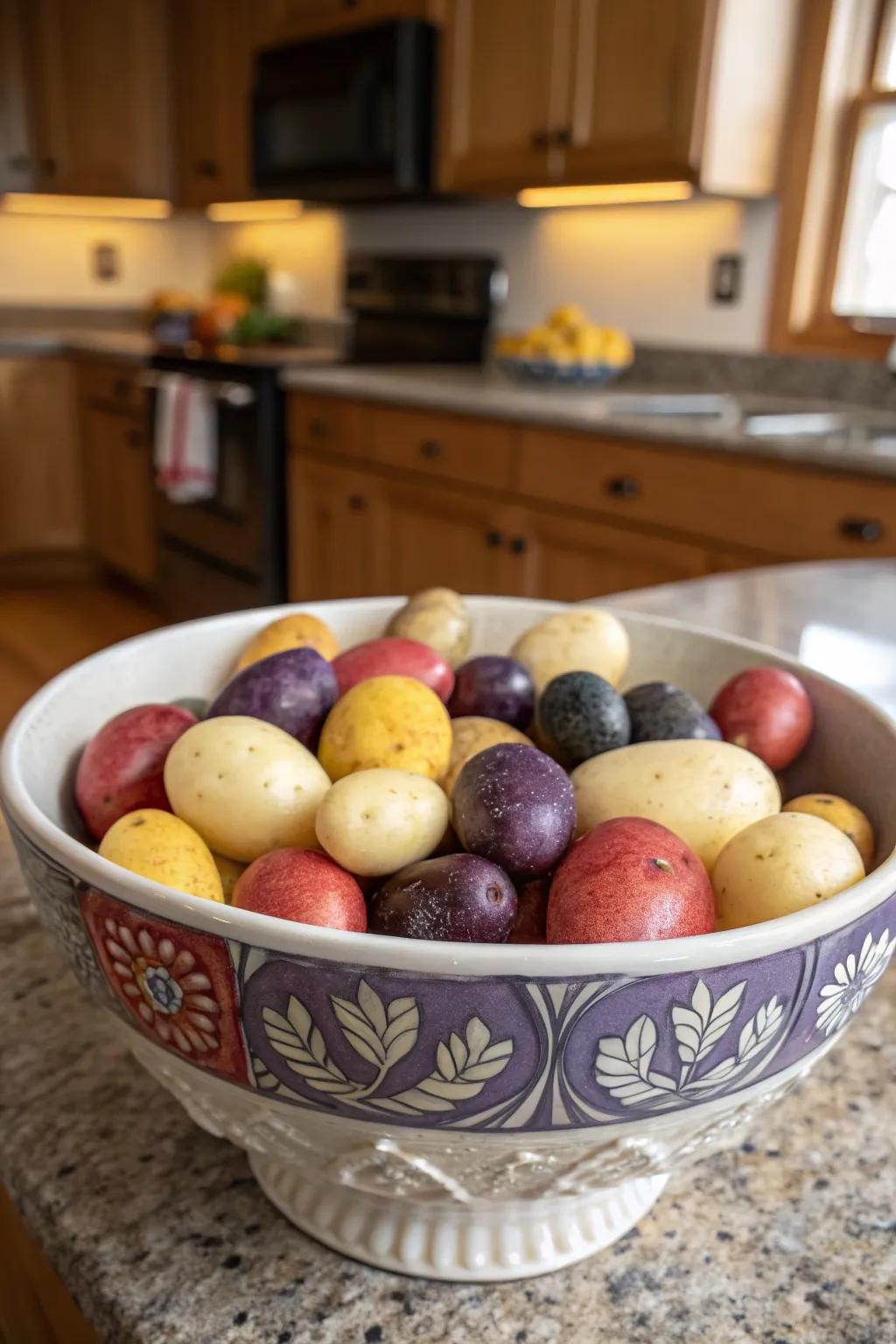 A vibrant selection of colorful potatoes adds life to the space.