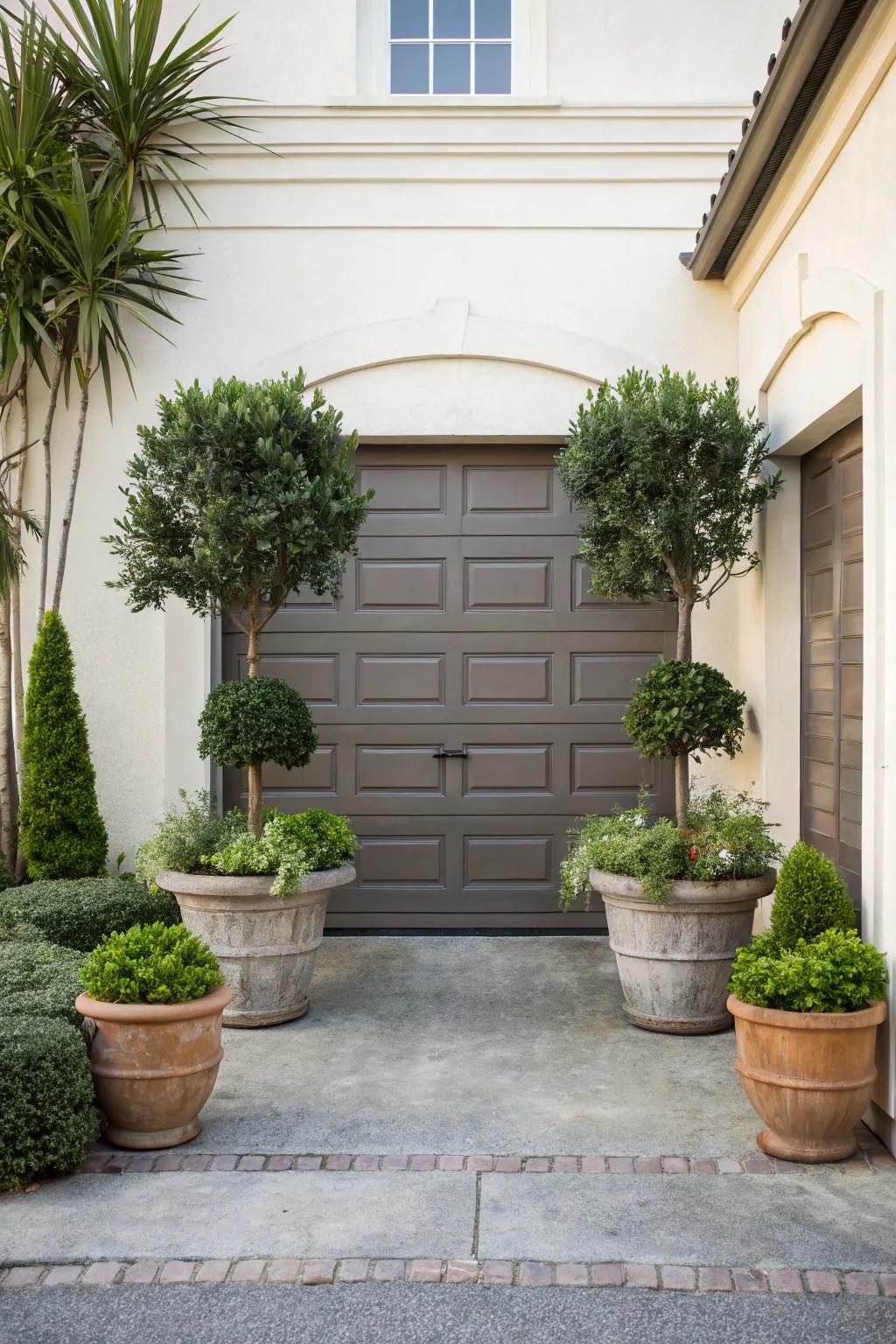 Symmetrical plantings contributing balance to the garage front.
